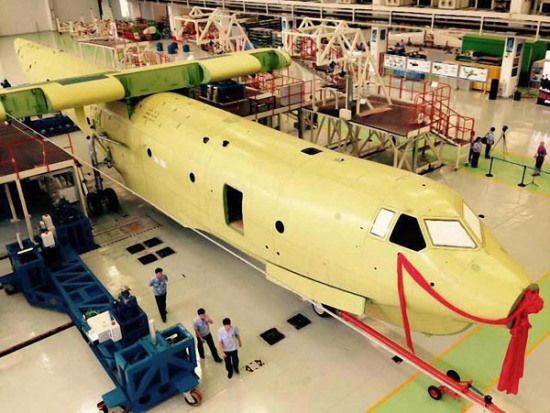 The fuselage of an AG-600, China's self-developed amphibious aircraft, is assembled in Zhuhai, Guangdong province, on Friday. Cao Yanxing / For China Daily