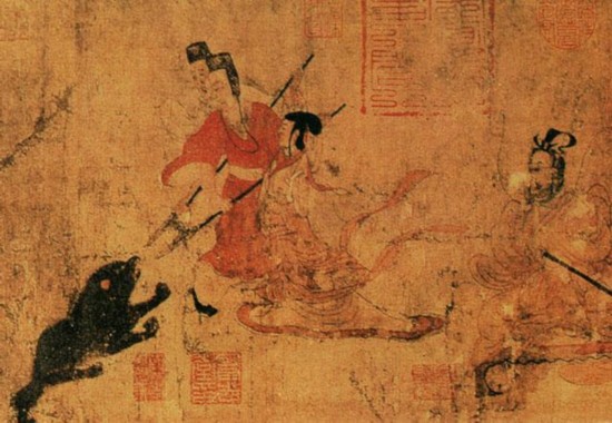《女史箴图》局部 “玄熊攀槛、冯媛趋进”，描绘冯媛以身阻熊，护卫汉元帝的故事。