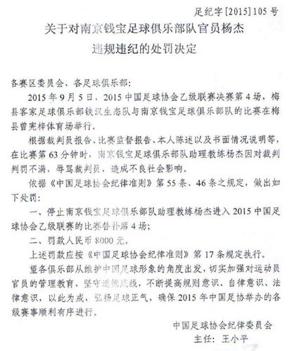 中乙钱宝队官员因骂裁判被罚 禁赛4场+罚款80