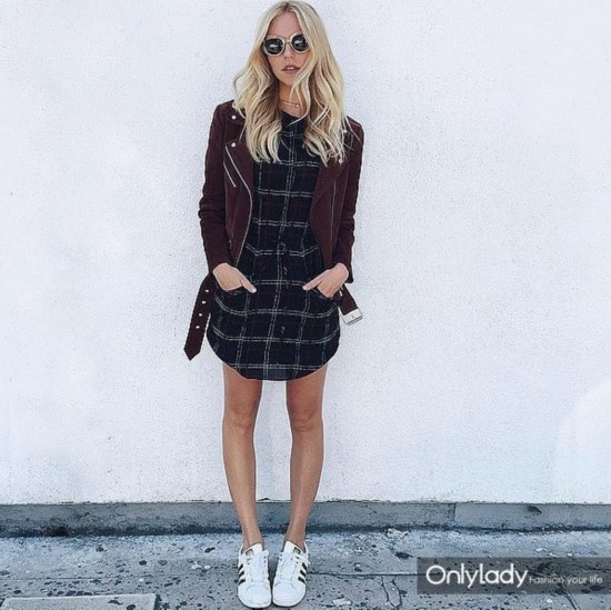 Plaid-Dress-Suede-Jacket-Sneakers