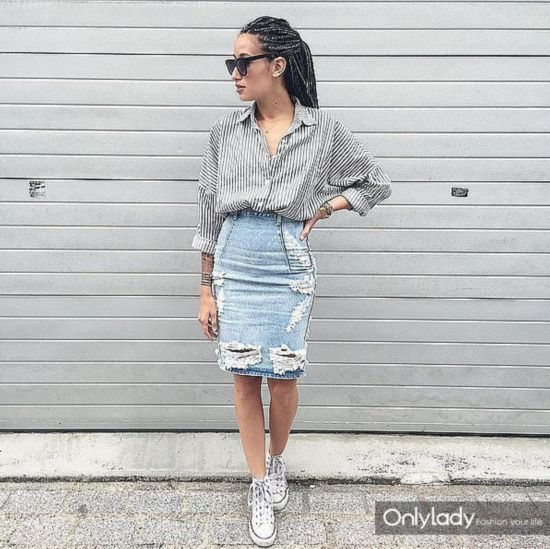 Distressed-Denim-Pencil-Skirt-Striped-Top-Sneakers