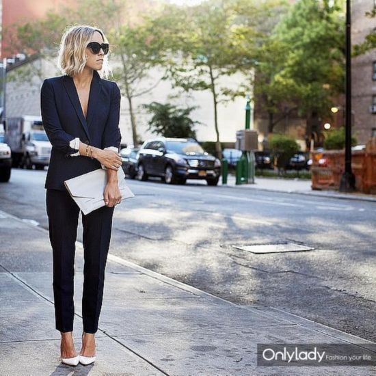 Black-Suit-Set-White-Heels-White-Clutch