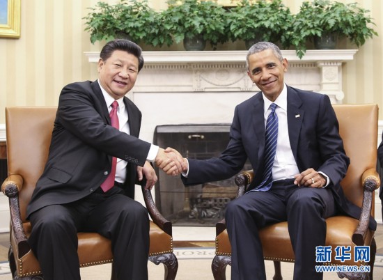9月25日，国家主席习近平在华盛顿同美国总统奥巴马举行会谈。新华社记者 兰红光 摄
