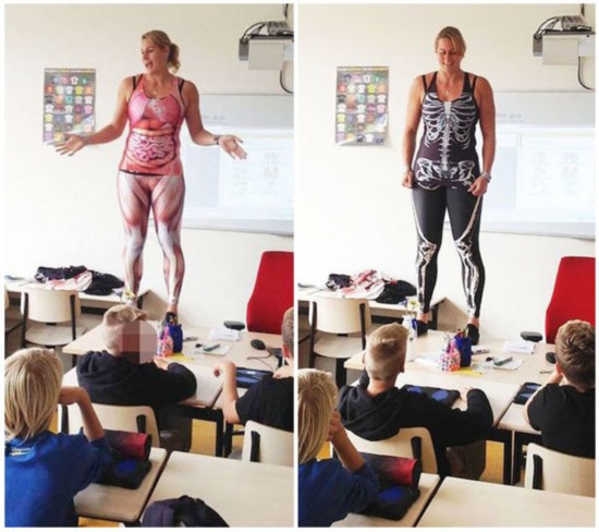 荷兰女老师穿人体肌肉和骨骼紧身衣教科学课走