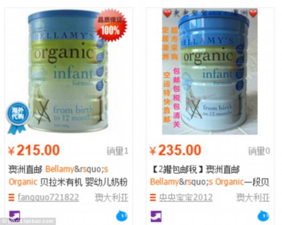 Bellamy's Organic  is being sold on Taobao, a Chinese equivalent of eBay, for double Australia's retail price