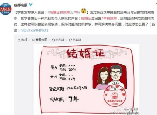 结婚证有效期7年 网友:七年之痒躲不过(图)