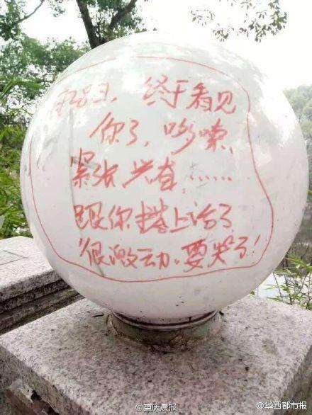 高校男生涂鸦路灯向女生求婚 网友:污染环境(图