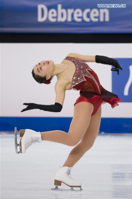 Bronze medalist Wakaba Higuchi of Japan competes during the women's figure skating during the ISU World Junior Figure Skating Championships in Debrecen, Hungary, March 19, 2016.