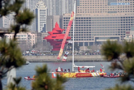 Team Qingdao sets off for Race 9 at the Clipper 2015-16 Round the World Yacht Race in Qingdao, east China's Shandong Province, March 20, 2016. 