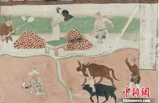 图为:莫高窟第61窟《弥勒经变之农作图-五代》。如果暂时抛开宗教意义,我们会发现古人将自己的美好愿望、对幸福生活的理解间接地呈现在久远的佛国世界之中。 崔琳 摄