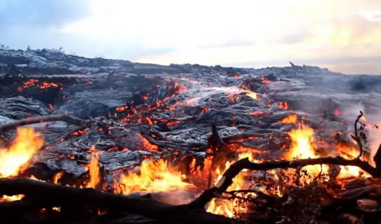 夏威夷活火山喷发 熔浆吞噬森林