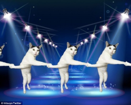Multiple Milk-chans hold each others' paws on the dance floor