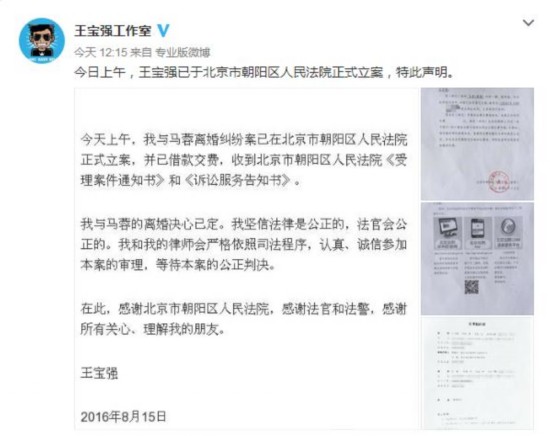 王宝强工作室发法院立案声明 借款交费引猜测