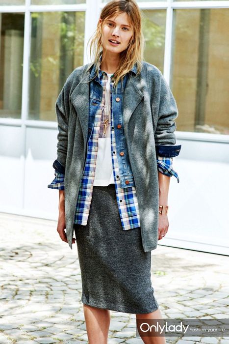 Le-Fashion-Blog-Spring-Layers-Open-Knit-Denim-Jacket-Plaid-Shirt-Graphic-Tee-Grey-Midi-Skirt-Via-Madewell