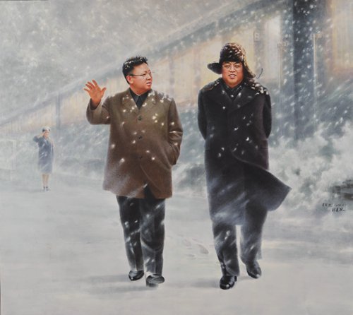 <em>On the Way for the People</em> by Lee Dong-gun  Below: <em>Embracing Orphans</em> by Oh Gwang-hoTop left: A North Korean artist paints at the Motan International Museum of Arts in Beijing Photos: Courtesy of the Motang International Museum of Arts