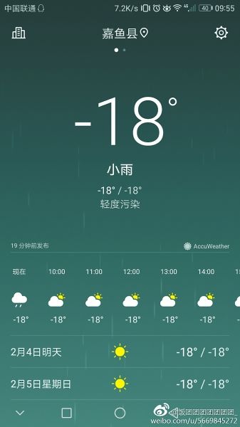 华为部分手机预报武汉-18℃ 厂家:国外天气提供