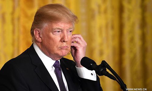 US President Donald Trump listens to a question at a joint press conference with visiting Canadian Prime Minister Justin Trudeau (not in the picture) at the White House in Washington D.C., the United States, on Feb. 13, 2017. US President Donald Trump on Monday vowed to deal with Democratic People's Republic of Korea (DPRK) very strongly, calling the Asian country a big, big problem. (Xinhua/Yin Bogu)