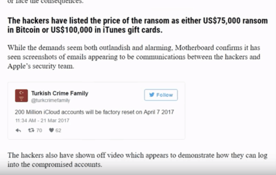 黑客发视频向苹果要赎金 否则删除3亿用户数据