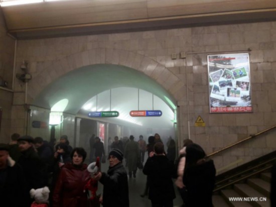 The photo taken on April 3, 2017 shows the blast site at a metro station in St. Petersburg, Russia. At least 10 people were killed, 50 injured and 7 stations were shut down after blasts.[Photo: Xinhua]