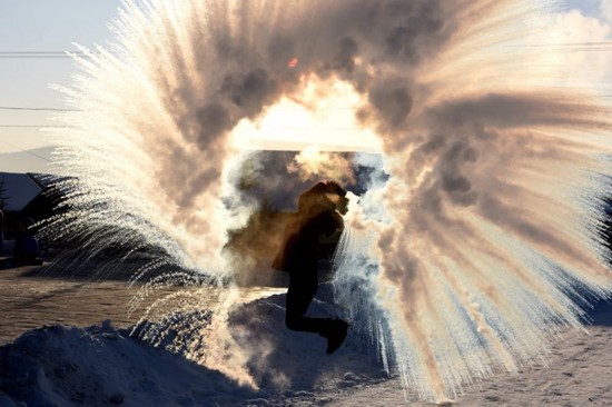 Winter in northernmost China - so cold, even hot water freezes fast