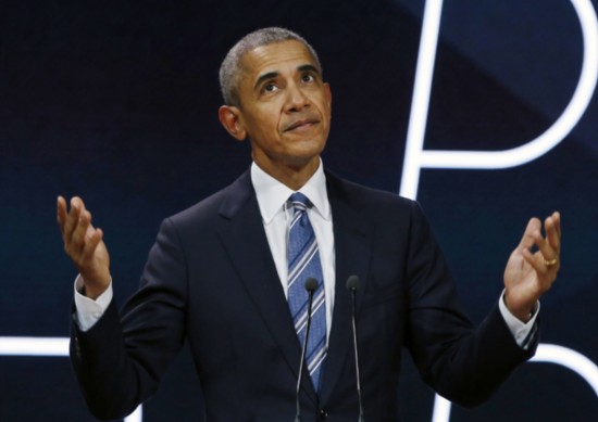 Former U.S. President Barack Obama arrives on stage prior to delivering a speech in Paris on December 2, 2017. Obama are among the most retweeted tweets of the year. Twitter released its top trending people and subjects ranging from the arts, to politics, to Korean boy bands on December 5, 2017. [Photo: AP/ Thibault Camus]