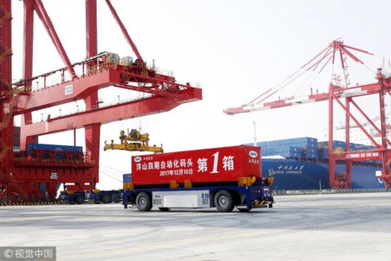 Phase IV of Shanghai Yangshan Deep Water Port, the world's biggest automated container terminal, starts trial operations on December 10, 2017. [Photo: VCG]