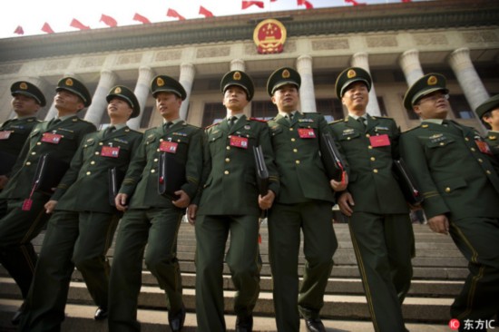 Chinese military delegates walk down the steps of the Great Hall of the People after the closing ceremony of China's 19th Party Congress in Beijing, Oct. 24, 2017. [File Photo: IC]