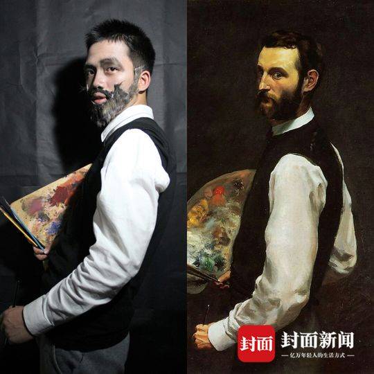 巴齐耶自画像 作品中的帽子和围脖,就是他买的纸和纱巾自己制作的。由于男生不擅长化妆,他们也开始求助同班的女生帮助完成。基本上是男生忙服装和道具,女生帮忙化好妆,大家齐心协力。 除了外形的相似,神态的模仿也是老师提出的要求之一。曾祺开始大量查阅名画背后的故事,要了解人物的身份、社会背景和历史背景,才能让自己在模仿过程中,体会相同的境遇。从人物形态到服装和化妆,再到神态表情的模仿,都是老师要求的范围,曾祺也是煞费苦心。 当他了解到,肖像中人物身份是一名贵族时,他在模仿过程中,也特意昂起了头,抬起脖子,