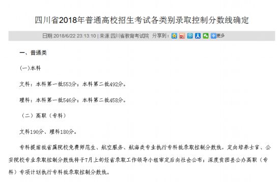 四川省2018招生录取一本线文科553分 理科54