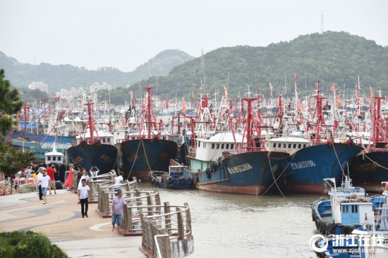 台风安比影响 宁波象山石浦港渔船加固靠港