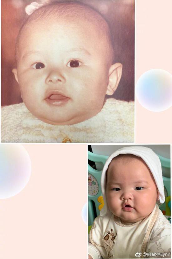 27日,是熊黛林和老公郭可颂结婚两周年纪念日,熊黛林用非常独特的方式发文纪念这一美好的日子,她将自己的双胞胎宝宝的照片分别和自己还有老公小时候的照片做了对比,一个宝宝长得十分像妈妈,圆溜溜的眼睛,嘟嘟的小嘴,十分萌气,另一个的样子则和爸爸一模一样,眼睛大且细长,笑起来的样子十分甜美。熊黛林还用表情拼出了1+1=4的等式来,并写道:2周年快乐!看起来如今拥有了两个这么可爱的宝宝的熊黛林十分幸福甜蜜。 网友们也都十分赞叹于熊黛林一家基因强大:一个像爸一个像妈,太会长了小宝贝。太阔爱了,基因太
