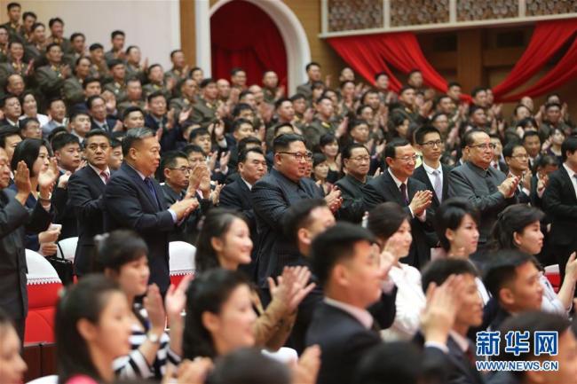 Kim Jong Un, chairman of the Workers' Party of Korea (WPK) and chairman of the State Affairs Commission of the Democratic People's Republic of Korea (DPRK), enjoys a joint performance held by artists from China and the Democratic People's Republic of Korea (DPRK) in Pyongyang on Saturday, November 3, 2018. [Photo: Xinhua]