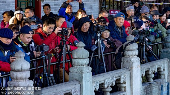 12月18日，北京頤和園，攝影愛好者們在寒冷中耐心等候“金光穿洞”美景。