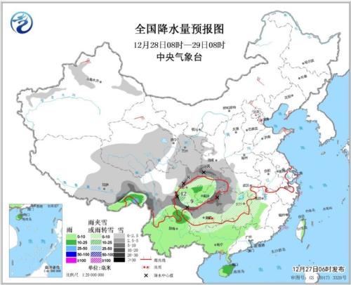 全国降水量预报图(12月28日08时-29日08时)