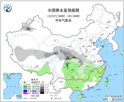 全国降水量预报图(12月27日08时-28日08时)