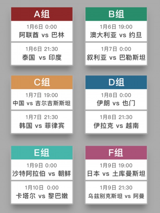 亚洲杯小组赛开售 12场比赛元旦嗨翻天