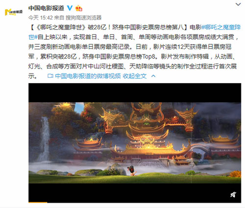 票房破28億!《哪吒》位列中國影史票房總榜第八