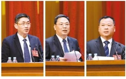 广东省政协委员秦鉴(左,邓文基(中,陈伟东(右)在大会上发言.