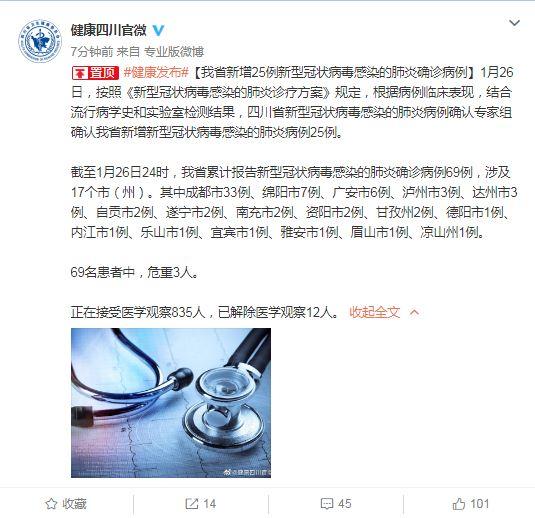 四川省新增25例新型冠状病毒感染的肺炎确诊病例