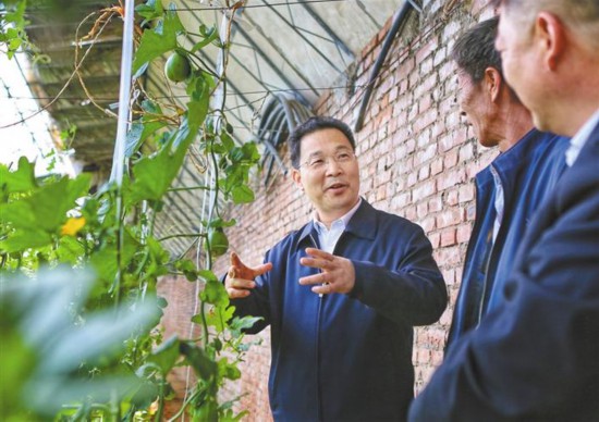 府谷县委书记李新功(左一)在武家庄镇调研农产品销售问题.