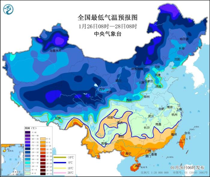 全国最低气温预报图(1月26日08时-28日08时) 图片来源:中央气象台网站 全国最低气温预报图(1月26日08时-28日08时) 图片来源:中央气象台网站