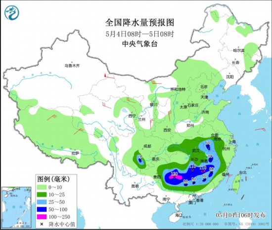 图5 全国降水量预报图(5月4日08时-5日08时)