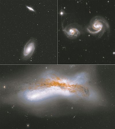 银河系与仙女星系未来3种可能的碰撞情景。左上：两星系擦肩而过。右上：两星系逐渐靠近并发生近距离接触。下图：两星系发生碰撞。图片来源:NASA/ESA