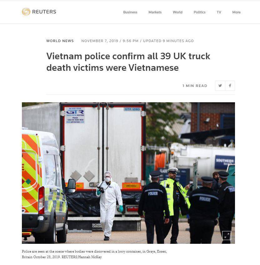 越南确认英国“死亡货车”39名遇难者全为越南公民