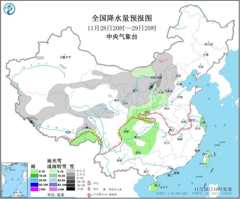 中东部将将出现小到中雪或雨夹雪