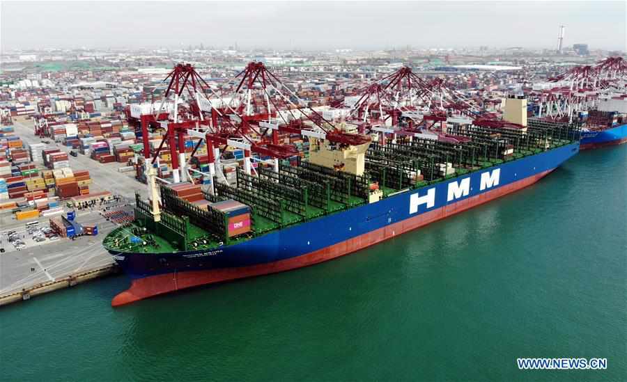 CHINA-SHANDONG-QINGDAO-WORLD'S LARGEST CONTAINER SHIP-MAIDEN VOYAGE