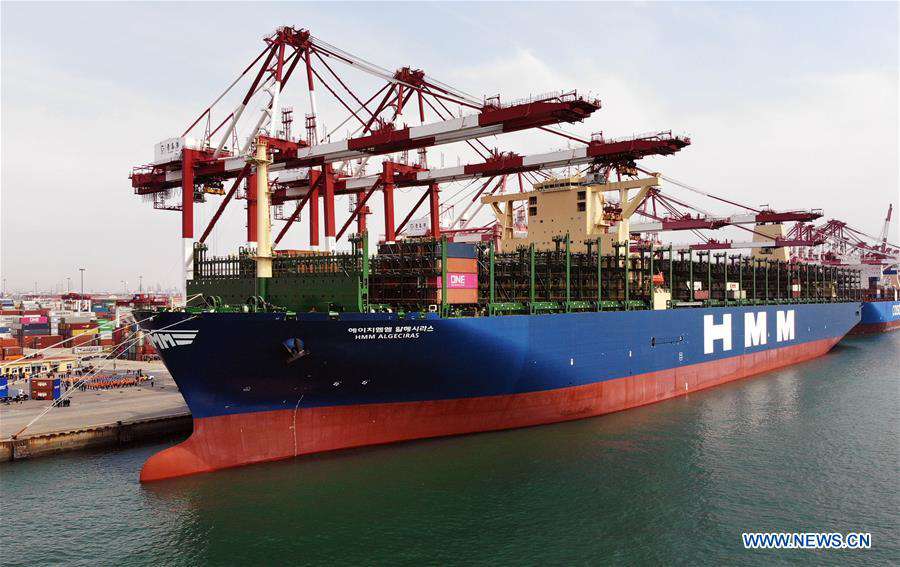 CHINA-SHANDONG-QINGDAO-WORLD'S LARGEST CONTAINER SHIP-MAIDEN VOYAGE