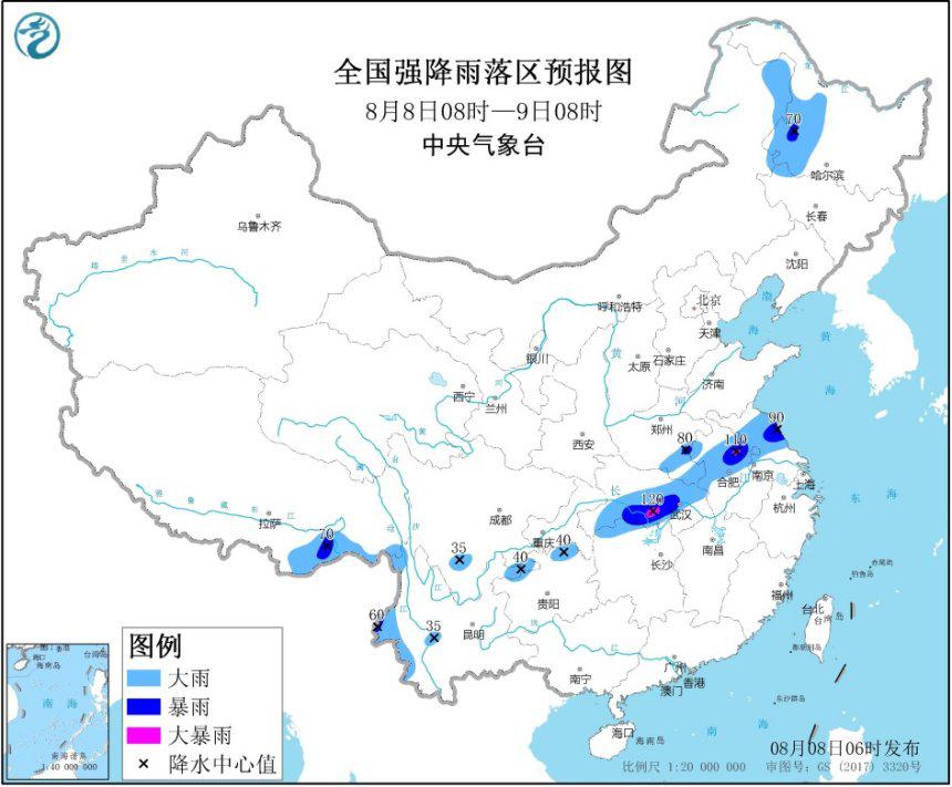 暴雨蓝色预警：安徽中部、湖北南部等地有年夜暴雨