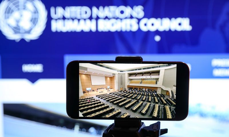 Photo taken on Feb. 22, 2021 in Brussels, Belgium shows a screen displaying the 46th session of the United Nations Human Rights Council (UNHRC) held in Geneva, Switzerland.(Photo: Xinhua)