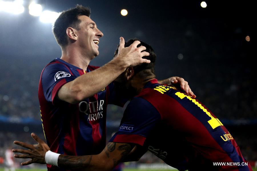 FC Barcelona took a relatively comfortable 3-1 win at home to Dutch side Ajax during the third round match in Group F at European champions league, in Barcelona, Spain, on Oct 21, 2014. (Xinhua)